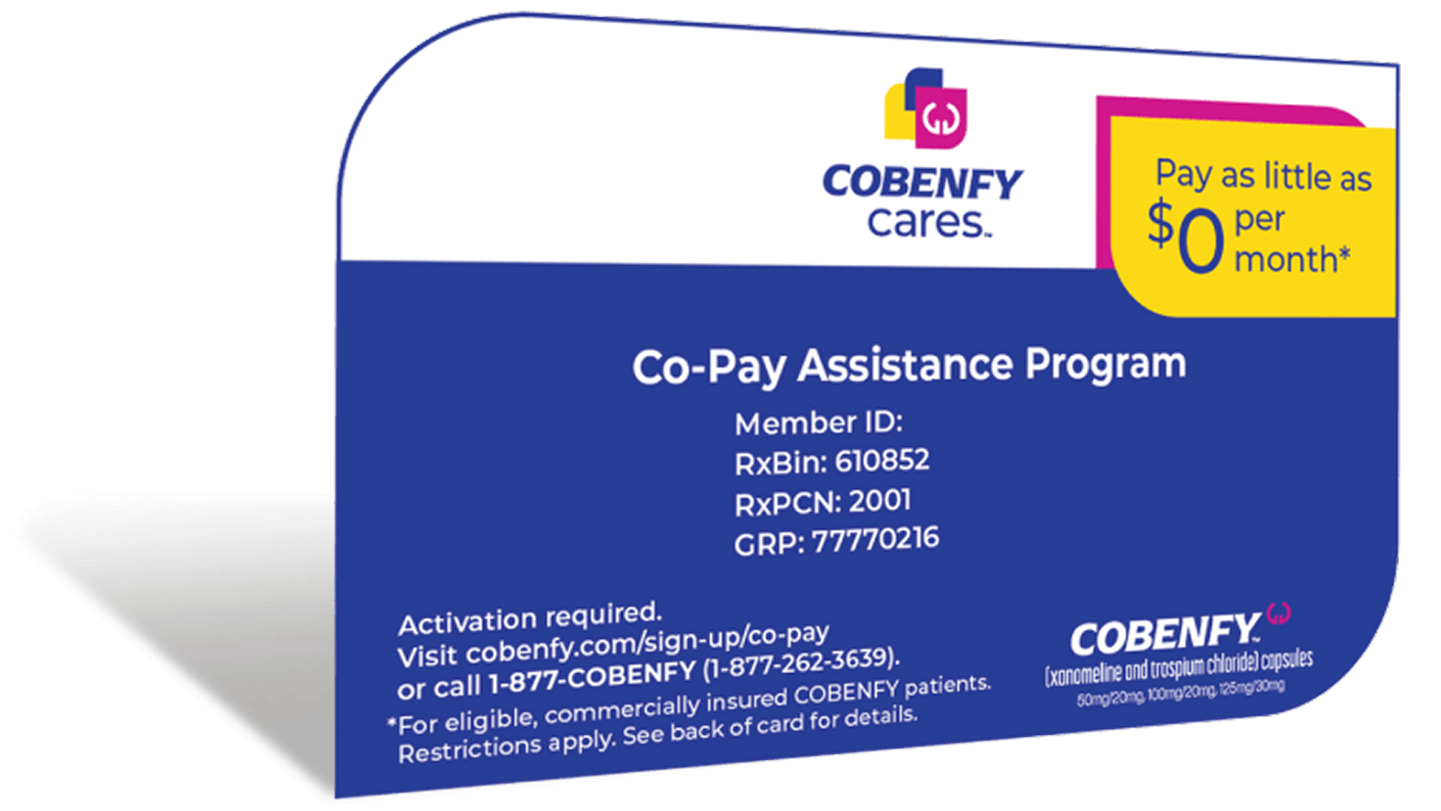 Image of an angled COBENFY Cares copay card