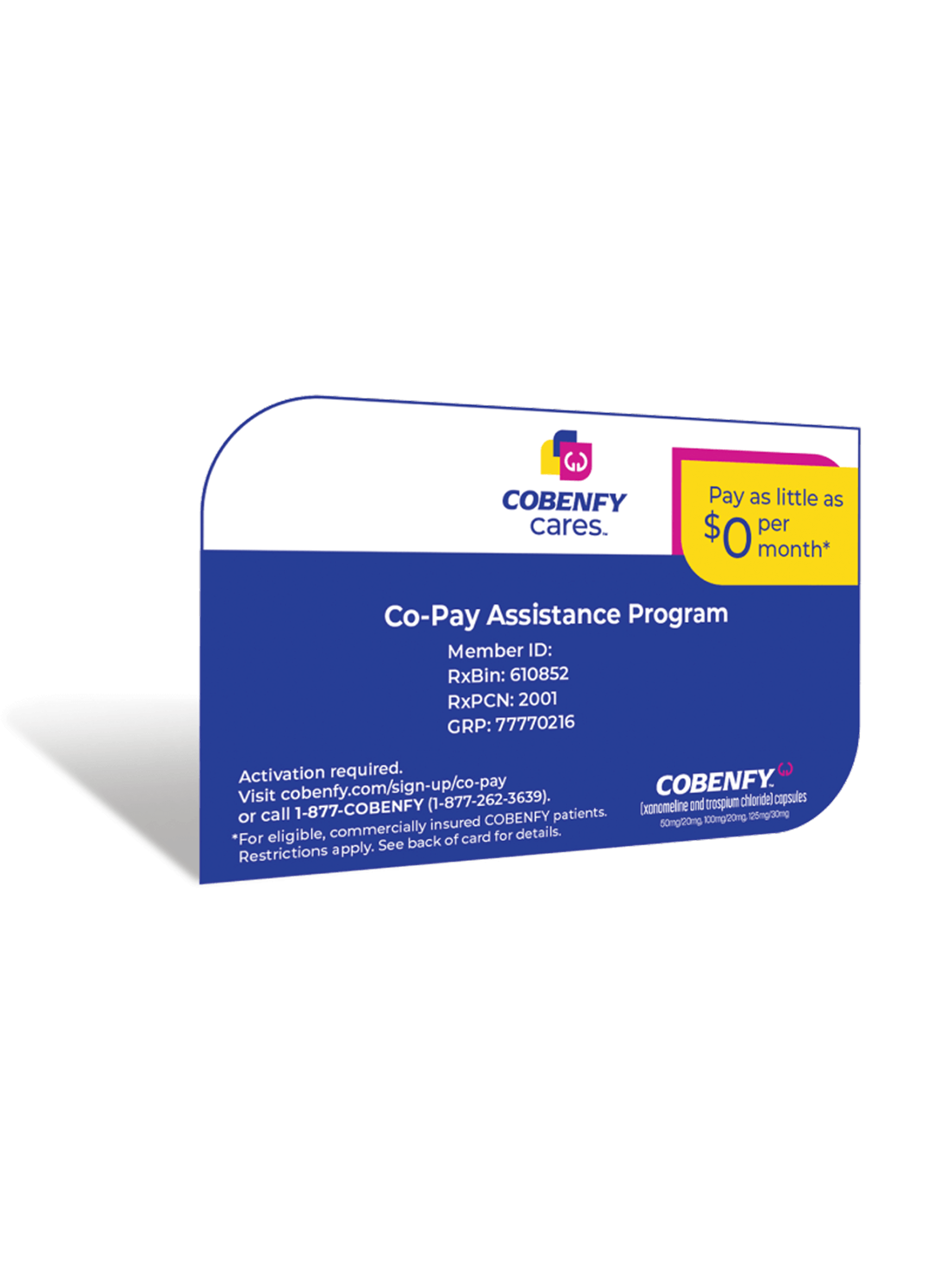 Image of an angled COBENFY Cares copay card