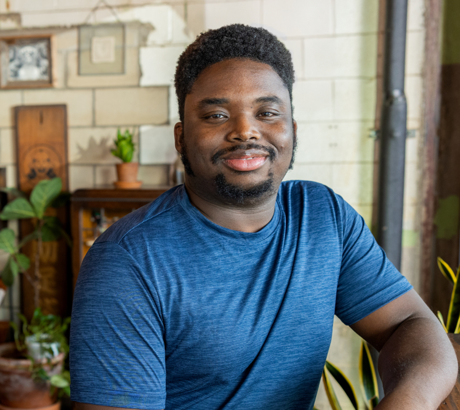 A cheerful man looking directly at the camera